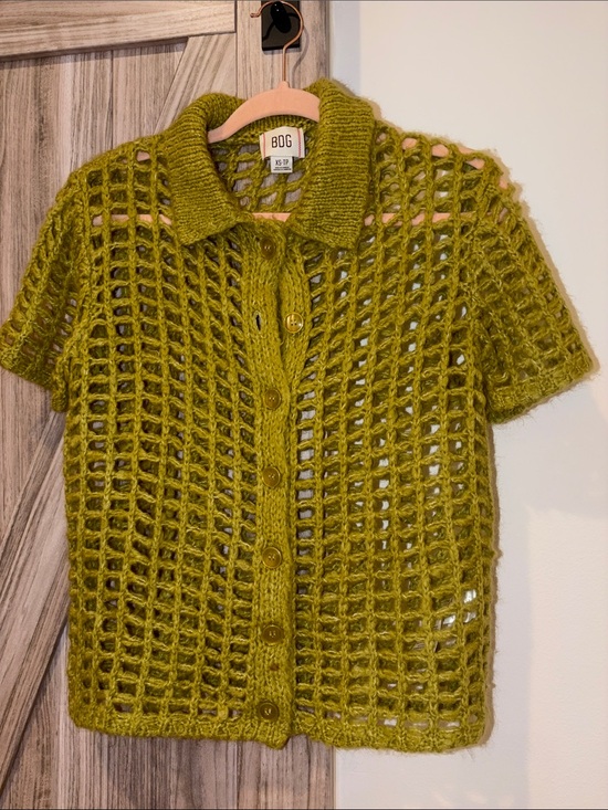 BDG Tops - BDG Olive Green Open-Knit Button Front Short Sleeve Cardigan